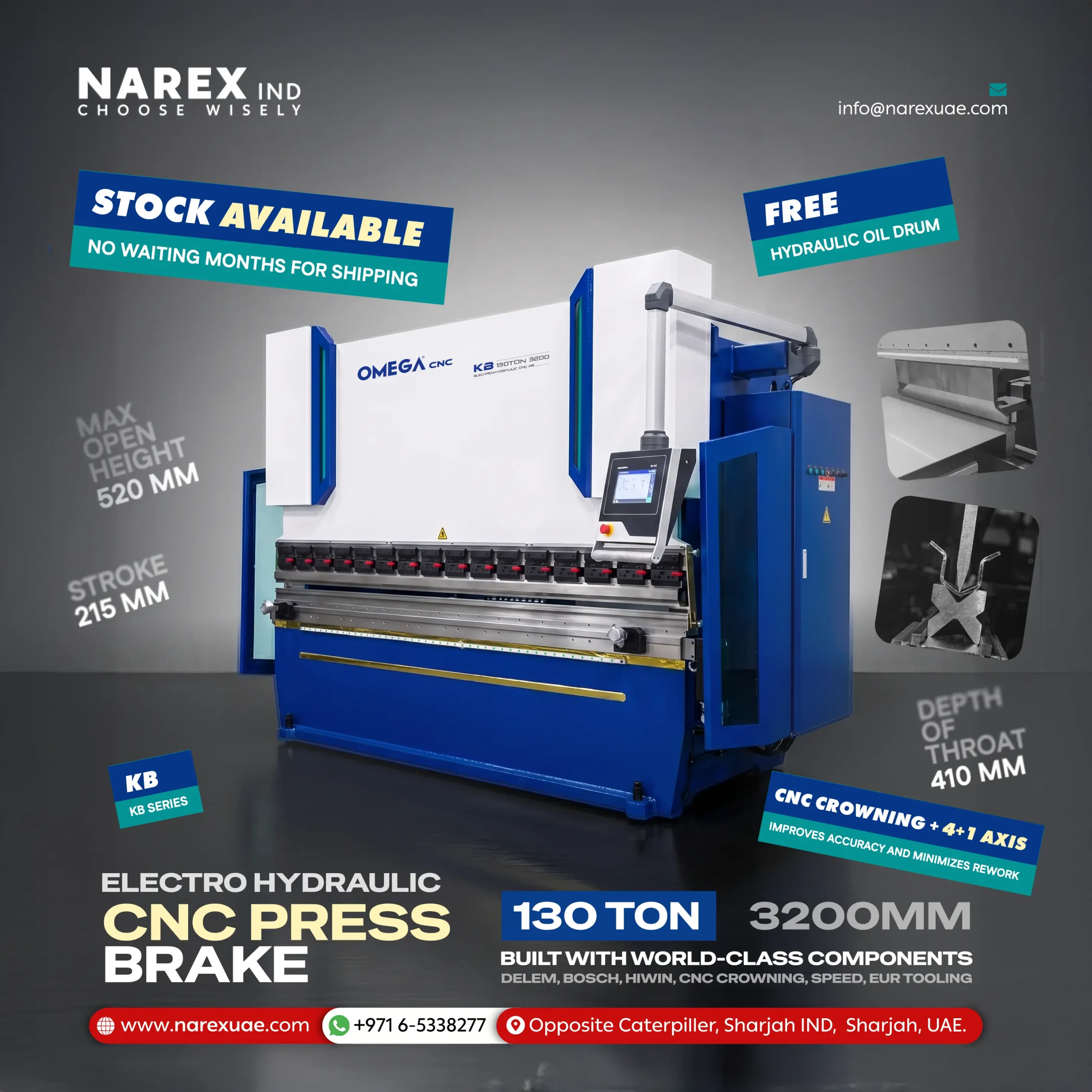 Omega CNC KB Series 130 Ton 3200mm Electro-Hydraulic CNC Press Brake in stock at Narex Ind. Sharjah UAE